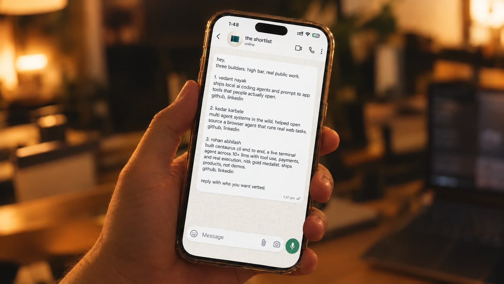 phone showing a shortlist from the shortlist on whatsapp